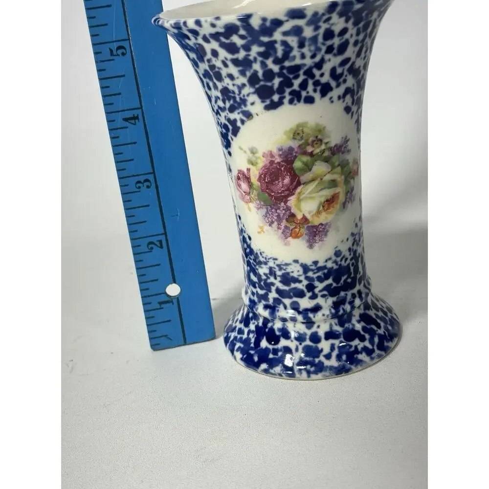 Antique Meco Czecho Slovakia Blue Spongeware Floral Art Pottery Vase 6